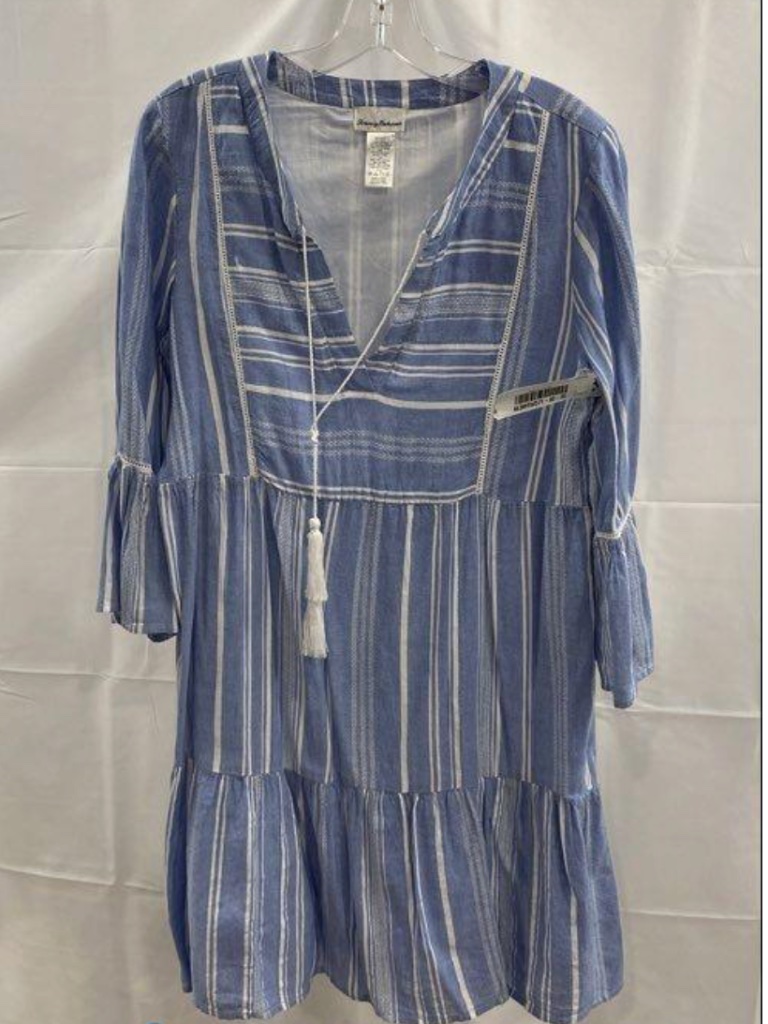 Tommy Bahama Blue/White Striped Tassel V Neck Peasant